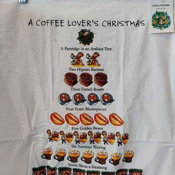 12 Days Of Christmas Coffee Themed Tea Towel By David Price - NEW w/Tag 18"x26" - Picture 1 of 7